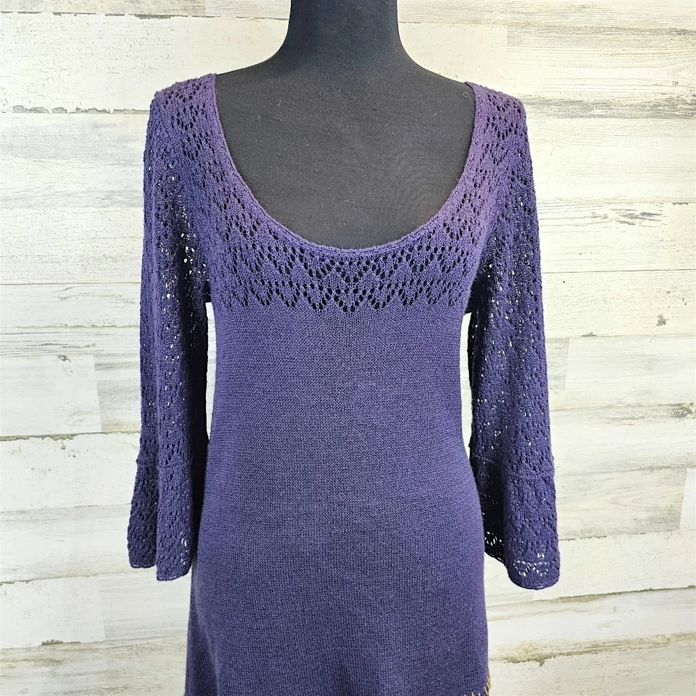 Free People Crochet Knit Flare Sleeve Mini Dress S Purple Boho Romantic Fairy